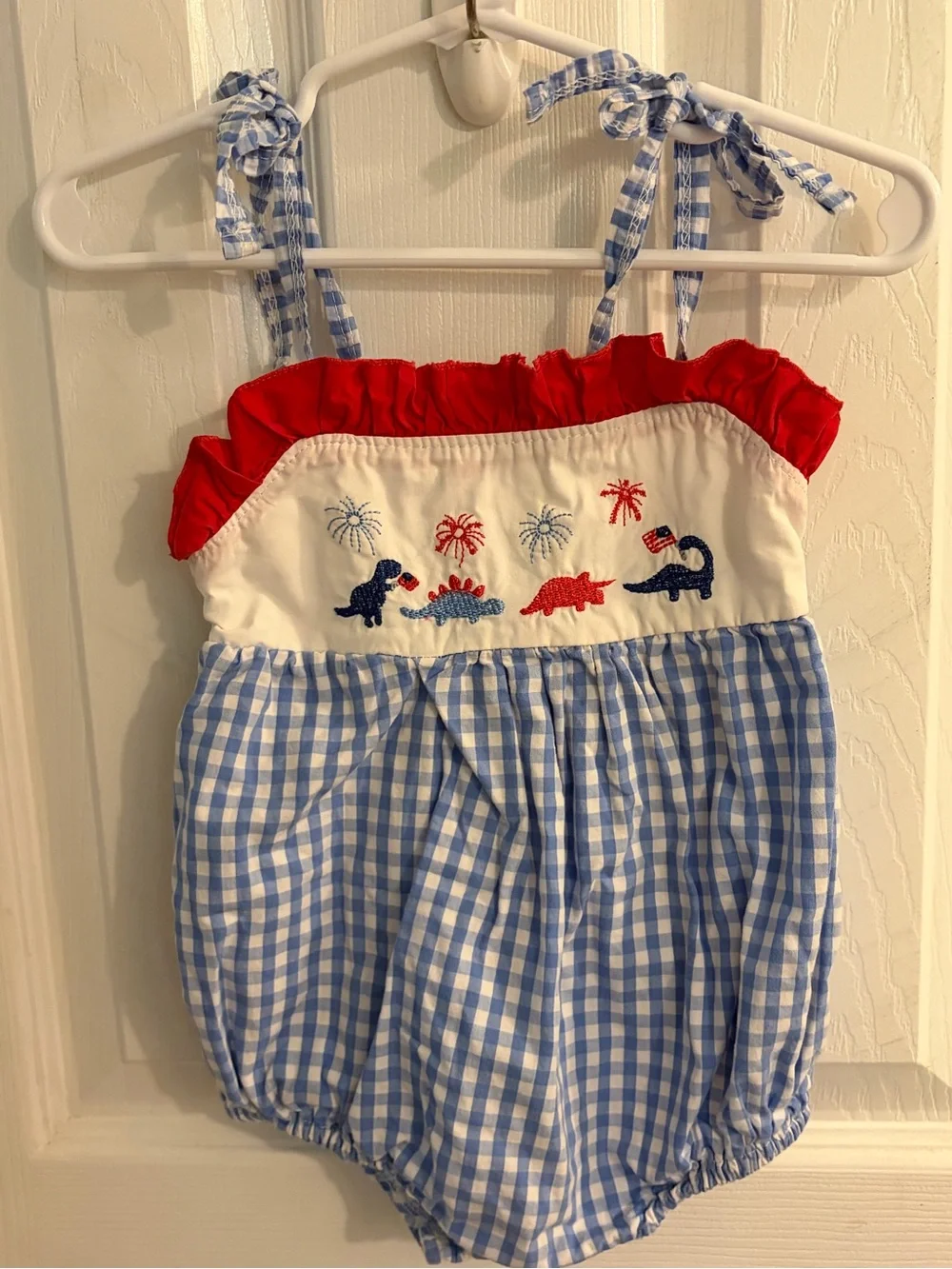 Girl's Adorable Red White & Blue Bubble Embroidered Dinosaurs & Fireworks 12-18M